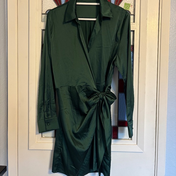 Tops - Satin Long Sleeve Wrap Blouse in Hunter Green